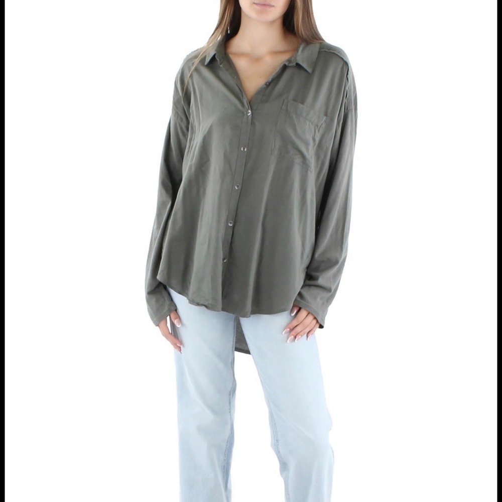 Splendid Long Sleeve Gray Button-down Collared Blouse Pima Cotton Blend